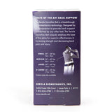The image depicts the packaging for the Serola Sacroiliac Belt from the brand Serola, intended to alleviate lower back pain and stabilize the pelvis. The box is purple with white text that outlines the product's advantages and available sizes: small, medium, large, and extra-large. The back features a silhouette of a person wearing the belt. Contact information is included as well.