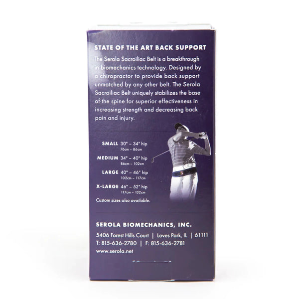 The image depicts the packaging for the Serola Sacroiliac Belt from the brand Serola, intended to alleviate lower back pain and stabilize the pelvis. The box is purple with white text that outlines the product's advantages and available sizes: small, medium, large, and extra-large. The back features a silhouette of a person wearing the belt. Contact information is included as well.