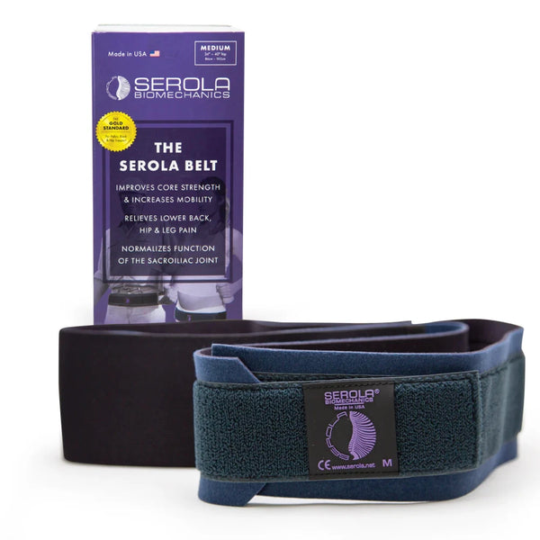 A sacroiliac joint belt positioned in front of the serola SIJ belt packaging.