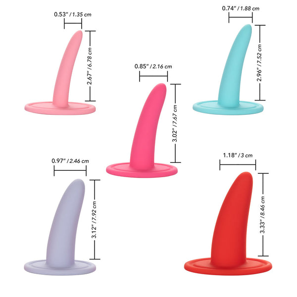 The She-ology™ 5-piece Wearable Vaginal Dilator Set by Calexotics is perfect for those focusing on pelvic floor health. This set includes five colorful silicone plugs in varying sizes, featuring flared bases with measurements of 1.35 cm, 2.16 cm, 1.88 cm, 2.46 cm, and 3.02 cm. The vibrant colors include pink, coral, teal, lavender, and red for enhanced appeal.

