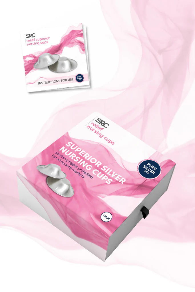 A box of SRC Silver Nursing Cups by SRC Health is displayed against a pink smoky background. The lid features two silver cups with the text "PURE SILVER" and instructions for use, highlighting the 999 Silver for nipple protection and breastfeeding comfort to ensure natural healing.