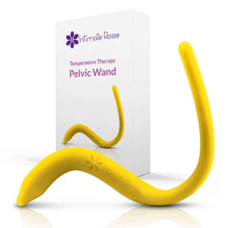 Intimate Rose Temperature Therapy Pelvic Wand — yellow medical-grade silicone, S-curved dual-ended shape, shown alongside its packaging.