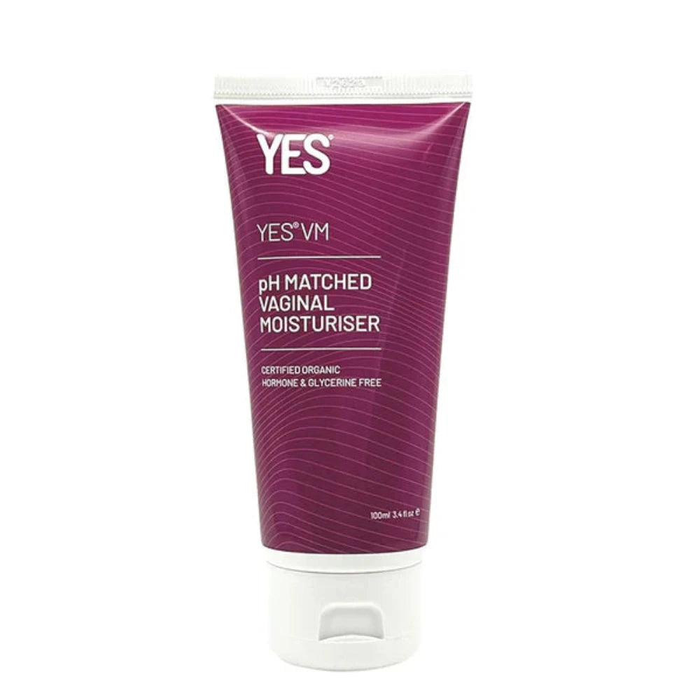 A 100ml tube of YES® VM Vaginal Moisturiser Gel by YES®, featuring a purple label, white cap, and text on supporting natural vaginal health with certified organic ingredients. Hormone- and glycerine-free.