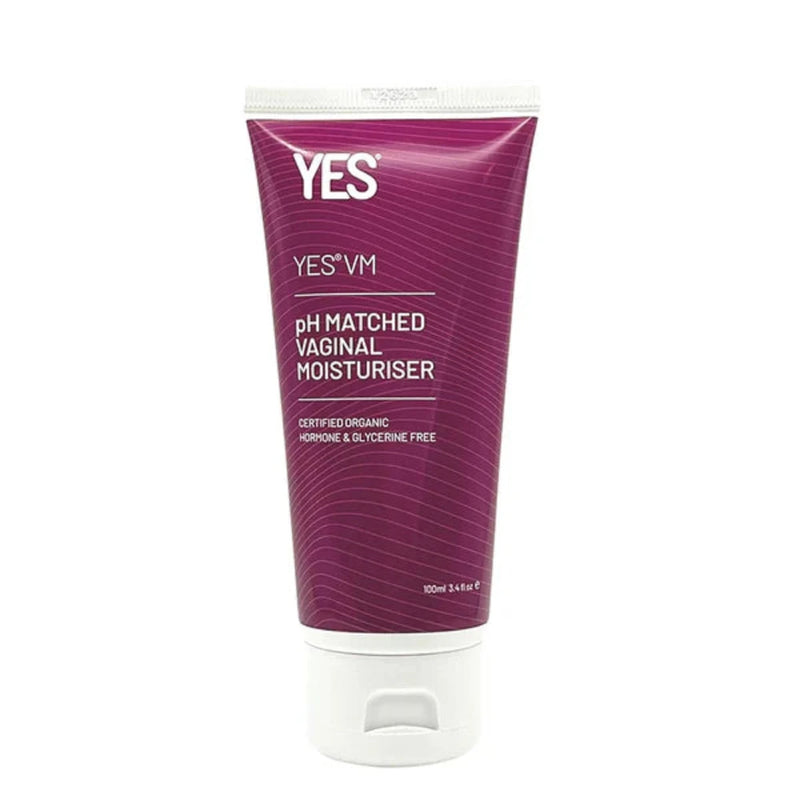 A 100ml tube of YES® VM Vaginal Moisturiser Gel by YES®, featuring a purple label, white cap, and text on supporting natural vaginal health with certified organic ingredients. Hormone- and glycerine-free.