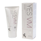 An image of YES® VM Vaginal Moisturiser Gel, a natural vaginal moisturizer from the brand YES®. The product is in a white tube with purple and gray text, accompanied by its matching white cardboard box packaging, also featuring purple and gray text. The 100ml (3.4 fl. oz) gel promises long-lasting hydration from certified organic ingredients.