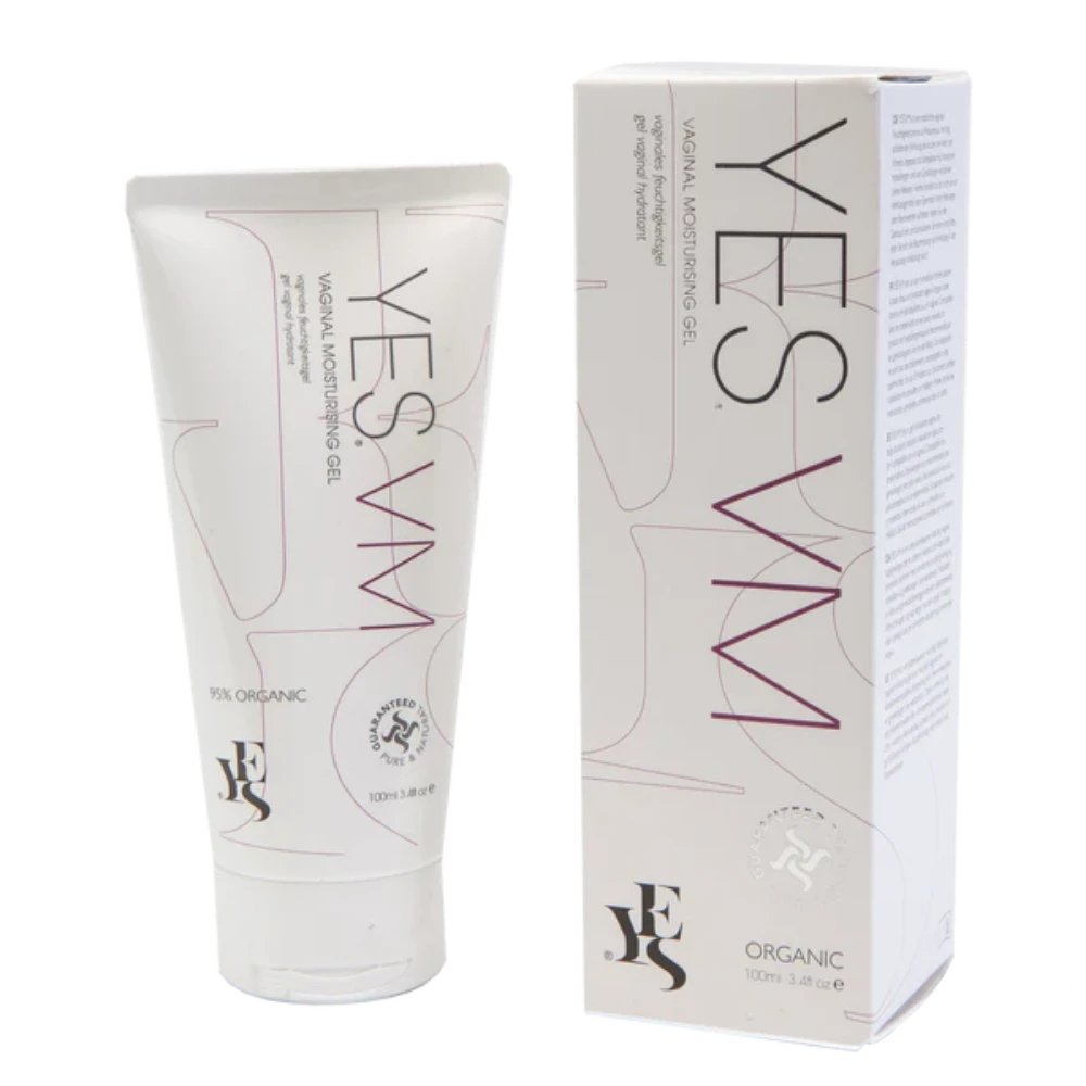 A tube and box of YES® VM Vaginal Moisturiser Gel by YES®, featuring minimalistic white packaging with purple text that emphasizes its organic, natural vaginal health benefits and displays the product name and branding.