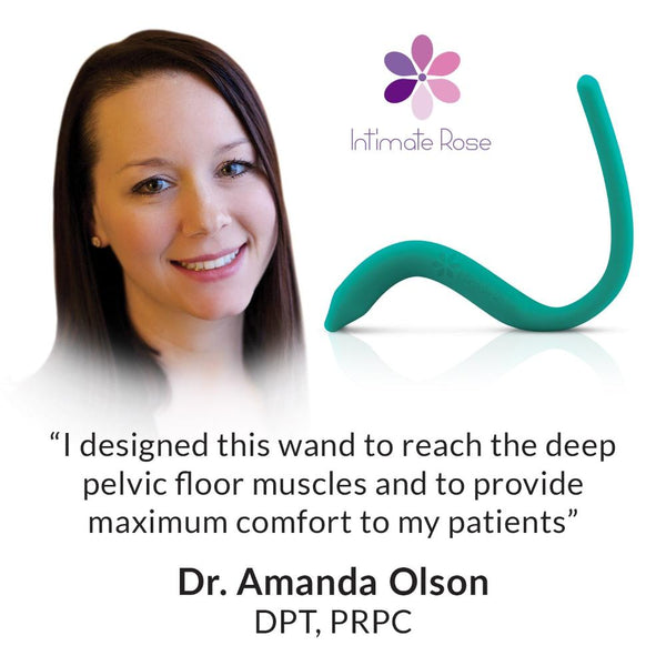 An image showcases a smiling woman alongside the Intimate Rose Pelvic Wand With Vibration in teal. The accompanying text states: "I designed this wand to reach deep pelvic floor muscles for maximum comfort and effective muscle relaxation," - Dr. Amanda Olson, DPT, PRPC, with the Intimate Rose logo prominently displayed above.
