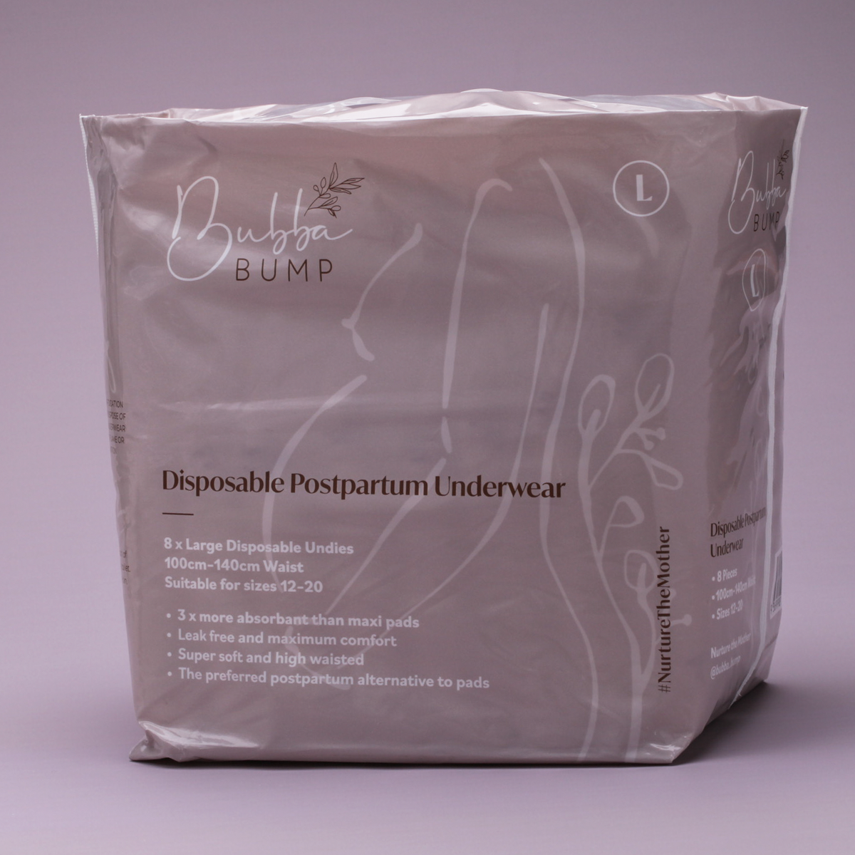 Bubba Bump Disposable Postpartum Underwear in size L offers high absorbency and leak-proof protection, ideal for C-section recovery as a pad alternative. The minimalist soft gray packaging combines practicality with style effortlessly.