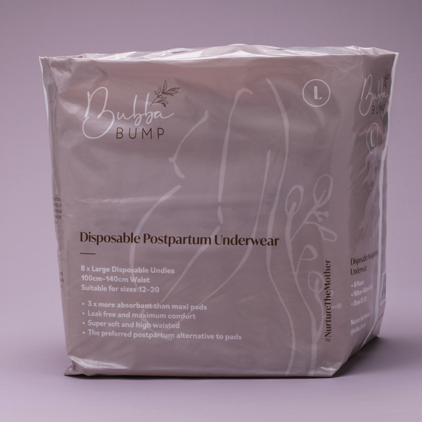Bubba Bump Disposable Postpartum Underwear in size L offers high absorbency and leak-proof protection, ideal for C-section recovery as a pad alternative. The minimalist soft gray packaging combines practicality with style effortlessly.