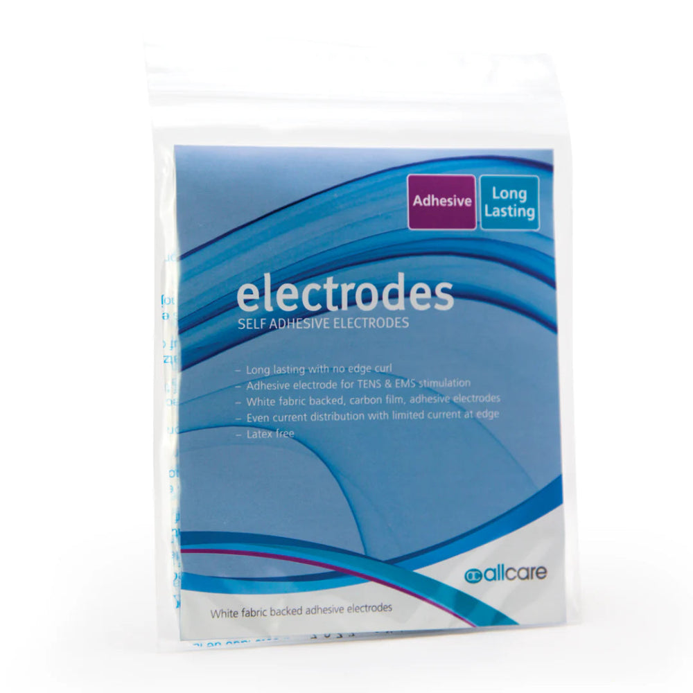 AllCare's Electrodes come in a transparent package featuring a blue and white label. These self-adhesive, latex-free EMS electrodes have long-lasting adhesive and carbon film.