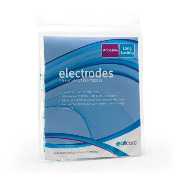 AllCare's Electrodes come in a transparent package featuring a blue and white label. These self-adhesive, latex-free EMS electrodes have long-lasting adhesive and carbon film.