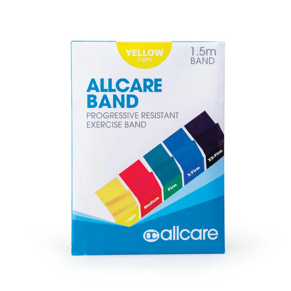 Image of a white rectangular box of AllCare exercise/resistance bands, ideal for rehabilitation and strength training. The box indicates it contains a yellow 'Light' resistance band of 1.5 meters and displays a range of other bands in various colors, indicating different resistance levels from light to extra firm.