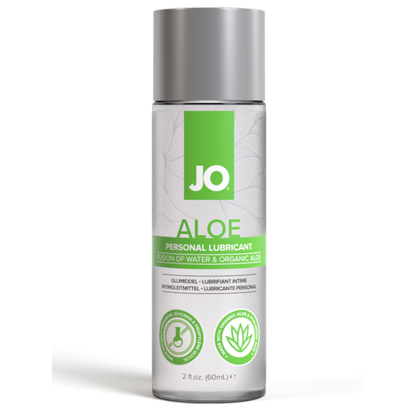 JO Aloe water-based lubricant with aloe vera and hyaluronic acid, 60ml bottle.