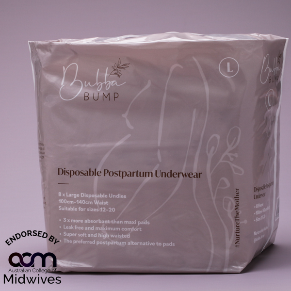 Bubba Bump Disposable Postpartum Underwear pack, ideal for C-section recovery, is labeled large for waist sizes 12-20. It contains 8 leak-proof disposable undies and is endorsed by the Australian College of Midwives.