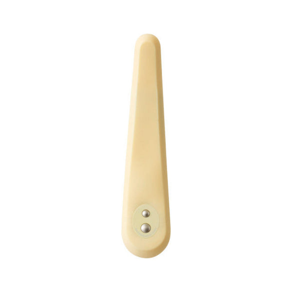 The Iroha Mikazuki – Gentle Slim Vibrator for Beginners by Iroha shown from above against a white background features a beige, rounded handle with two metal rivets and a smooth finish evocative of body-safe silicone.