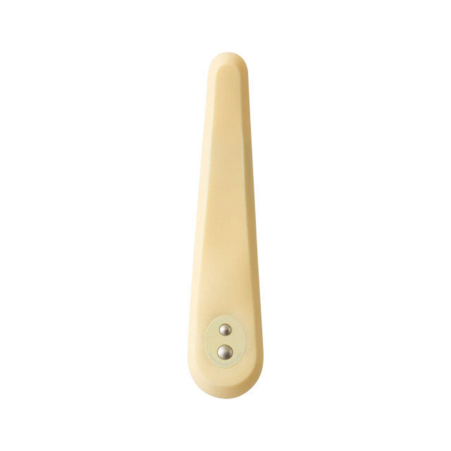 The Iroha Mikazuki – Gentle Slim Vibrator for Beginners by Iroha shown from above against a white background features a beige, rounded handle with two metal rivets and a smooth finish evocative of body-safe silicone.