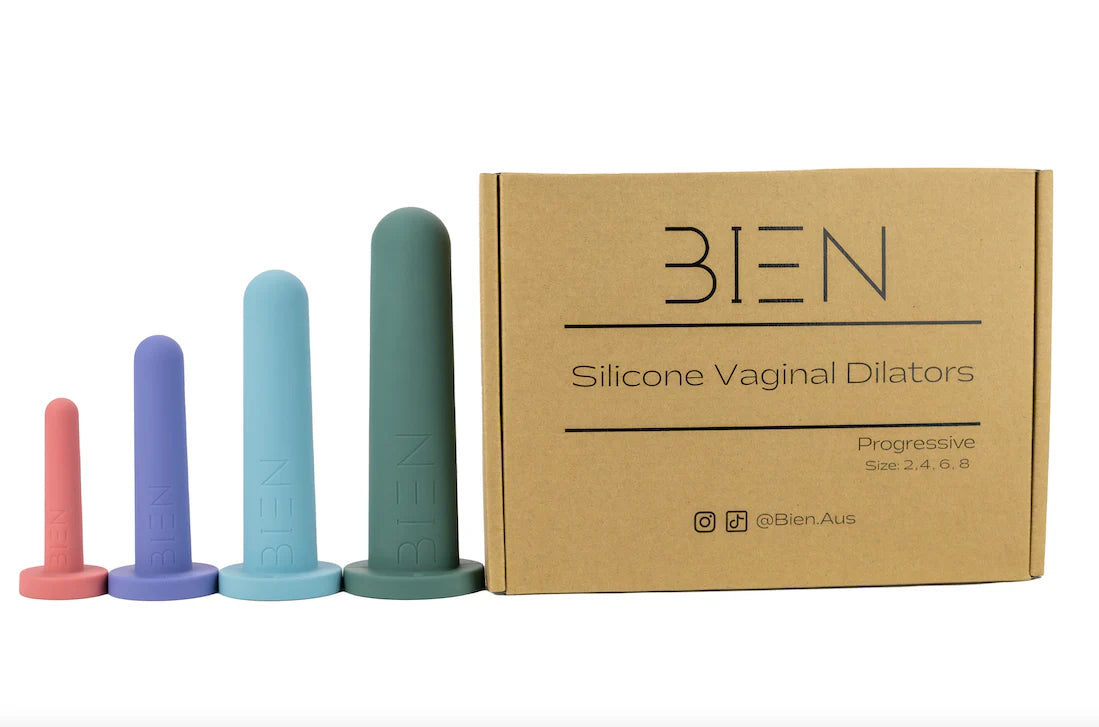 The Bien Silicone Vaginal Dilators - Progressive Set by BIEN Australia includes four silicone dilators in elegant gradient shades from pink to blue, organized by size from smallest to largest. Ideal for pelvic floor therapy and post-surgery recovery, they are packaged in a brown cardboard box with the label "Bien Silicone Vaginal Dilators.