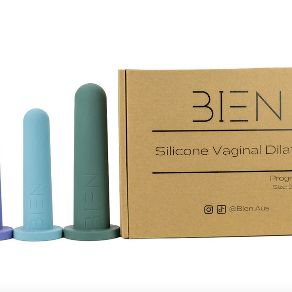The Bien Silicone Vaginal Dilators - Progressive Set by BIEN Australia includes four silicone dilators in elegant gradient shades from pink to blue, organized by size from smallest to largest. Ideal for pelvic floor therapy and post-surgery recovery, they are packaged in a brown cardboard box with the label "Bien Silicone Vaginal Dilators.