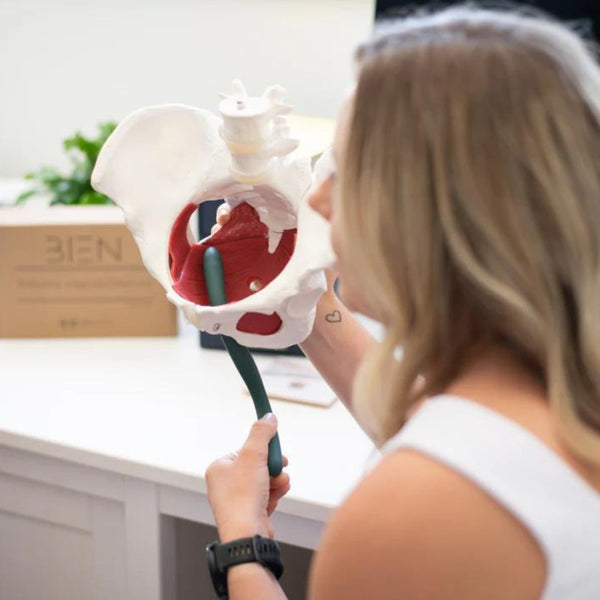 A person with shoulder-length blonde hair is holding a plastic model of a human pelvis and using a green pointer to highlight a specific area. In the background on a white surface, there is a box labeled "BIEN Australia," which contains The Bien Wave - Pelvic Floor Wand for pelvic floor muscle training.