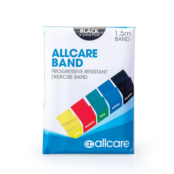 The image displays the packaging for an "AllCare Exercise/Resistance Band - 1.5 Metre," a progressive resistance band perfect for strength training and rehabilitation. The box showcases an extra firm black band that is 1.5 meters long, with a color-coded resistance guide featuring categories: light, medium, firm, X-firm, and XX-firm.
