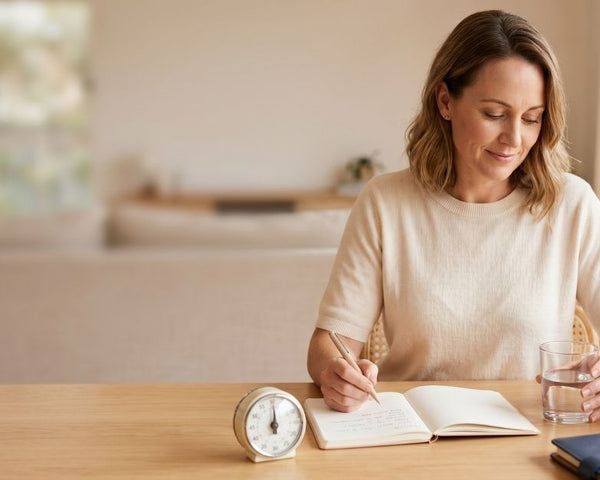 Woman at home noting bladder retraining times in a journal with a glass of water and a timer on the table