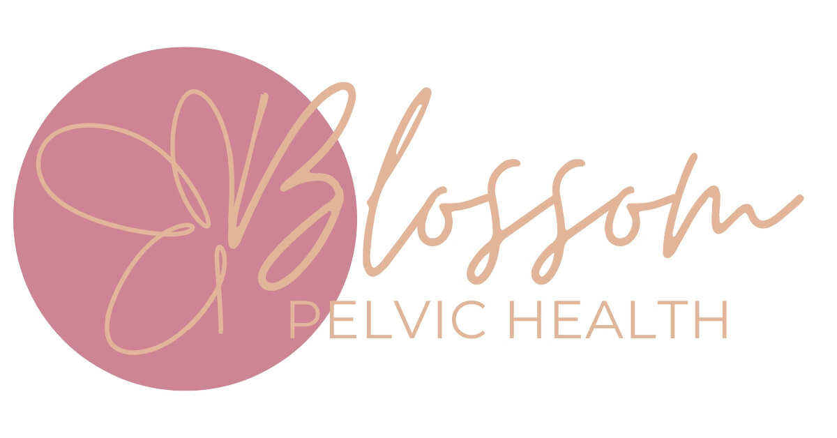 Logo for Blossom Pelvic Health featuring the text in cursive script over a pink circle, with a stylized butterfly design incorporated into the "B".