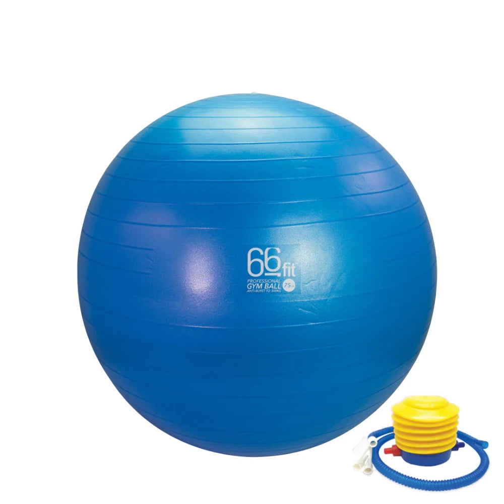 A blue inflatable ball for core workouts.
