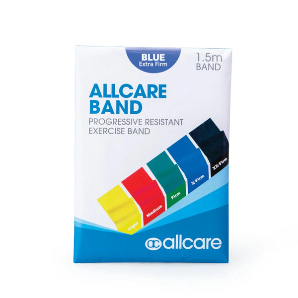 The image depicts a package of the AllCare Exercise/Resistance Band - 1.5 Metre, a progressive resistance exercise band perfect for rehabilitation. The package emphasizes a blue "Extra Firm" 1.5m resistance band and also shows different levels of strength: Light (yellow), Medium (red), Firm (green), Extra Firm (blue), and XX-Firm (black).