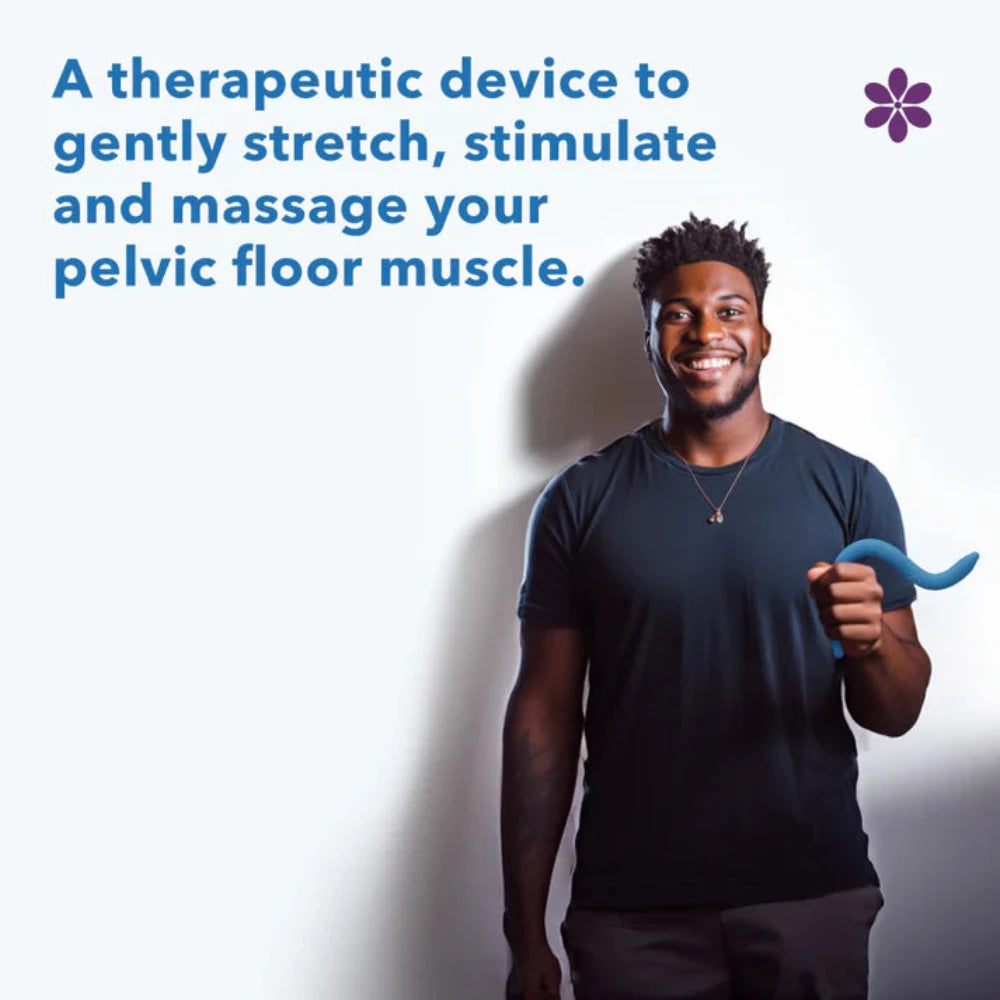 A man stands smiling, holding an Intimate Rose Vibrating Pelvic Wand in blue, made of medical-grade silicone. The text above reads, "A therapeutic device to gently stretch, stimulate, and massage your pelvic floor muscles for effective relief from pelvic pain.