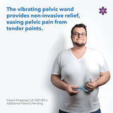 A person wearing a white T-shirt is holding the Intimate Rose Vibrating Pelvic Wand (Blue), crafted from medical-grade silicone. The text above states: 