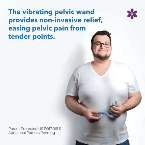 A person wearing a white T-shirt is holding the Intimate Rose Vibrating Pelvic Wand (Blue), crafted from medical-grade silicone. The text above states: "This vibrating pelvic wand offers non-invasive relief, alleviating pelvic pain from tender points." A small flower icon appears in the top right corner, with patent information displayed at the bottom.