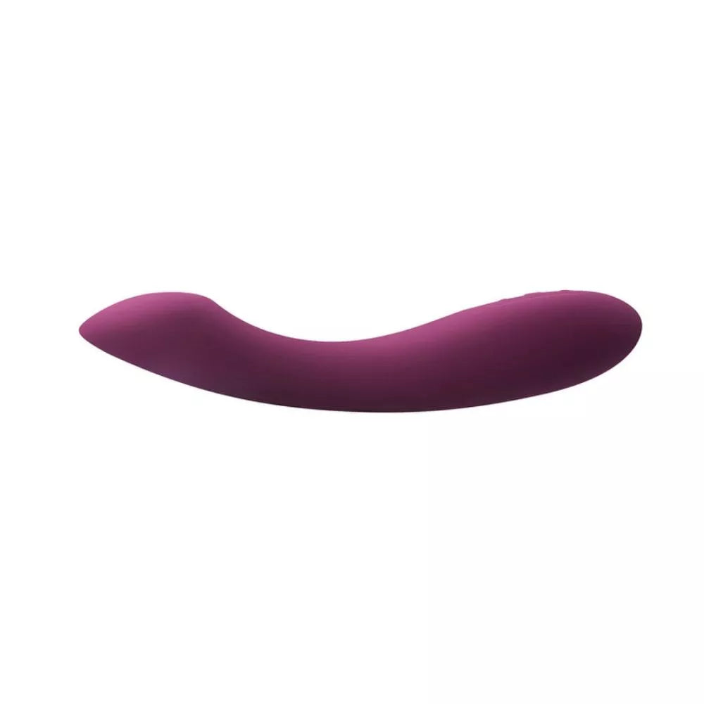 The Svakom Amy 2, a purple curved G-spot vibrator by Svakom, made from body-safe silicone, is displayed isolated on a white background.