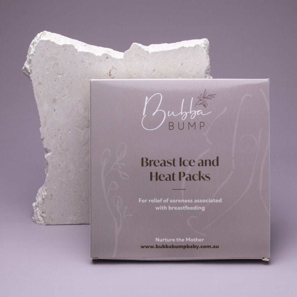 A product box labeled "Bubba Bump: Ice And Heat Pack For Breasts," designed for mastitis relief and alleviating soreness associated with breastfeeding. The box is placed in front of a textured white background, and the website www.bubbabumpbaby.com.au is noted on the box.