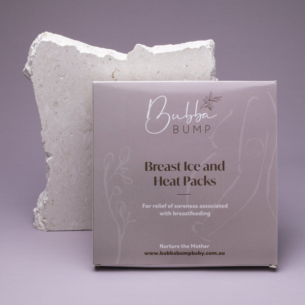 A product box labeled "Bubba Bump: Ice And Heat Pack For Breasts," designed for mastitis relief and alleviating soreness associated with breastfeeding. The box is placed in front of a textured white background, and the website www.bubbabumpbaby.com.au is noted on the box.