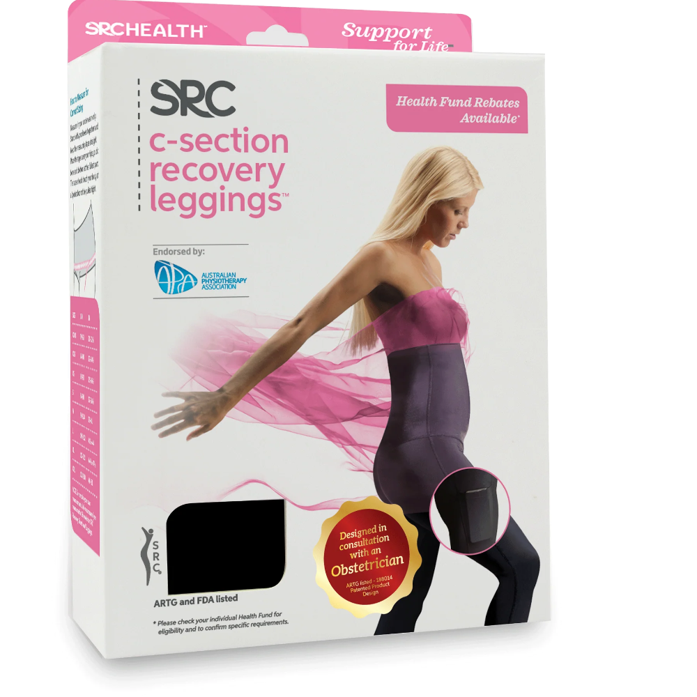 SRC c-section recovery leggings packaging with a model wearing the leggings on a white background
