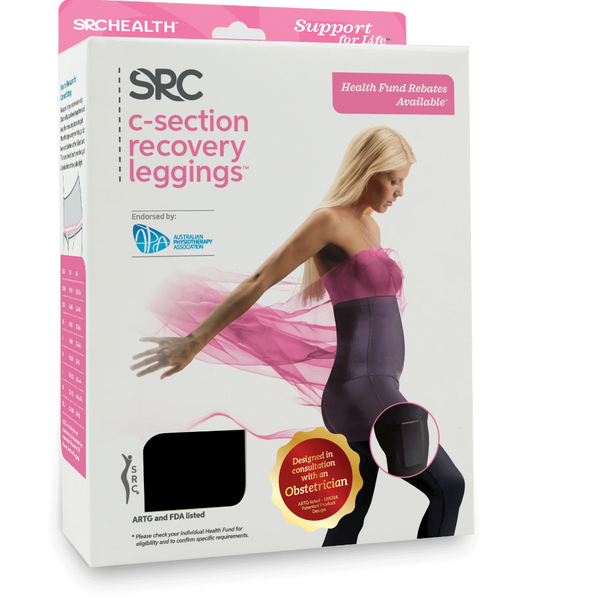 SRC c-section recovery leggings packaging with a model wearing the leggings on a white background