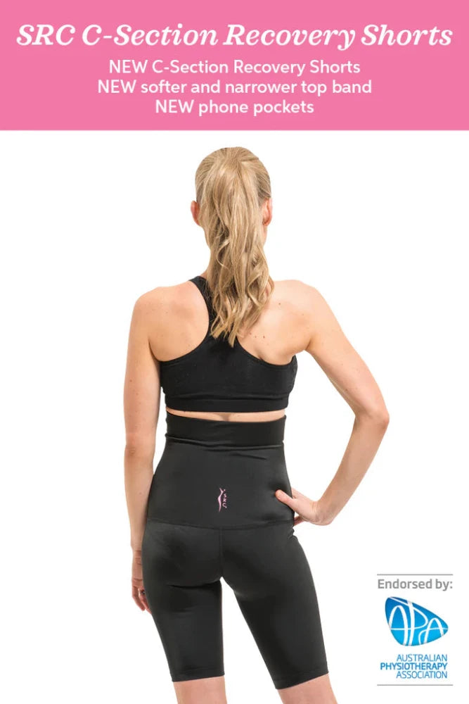 A woman with long blonde hair, wearing a black sports bra and high-waisted black shorts, is seen from the back. Text above reads: "SRC Health's C-Section Recovery Shorts: NEW softer and narrower top band, NEW phone pockets." Designed for optimal postpartum recovery with targeted compression. Endorsed by the Australian Physiotherapy Association.