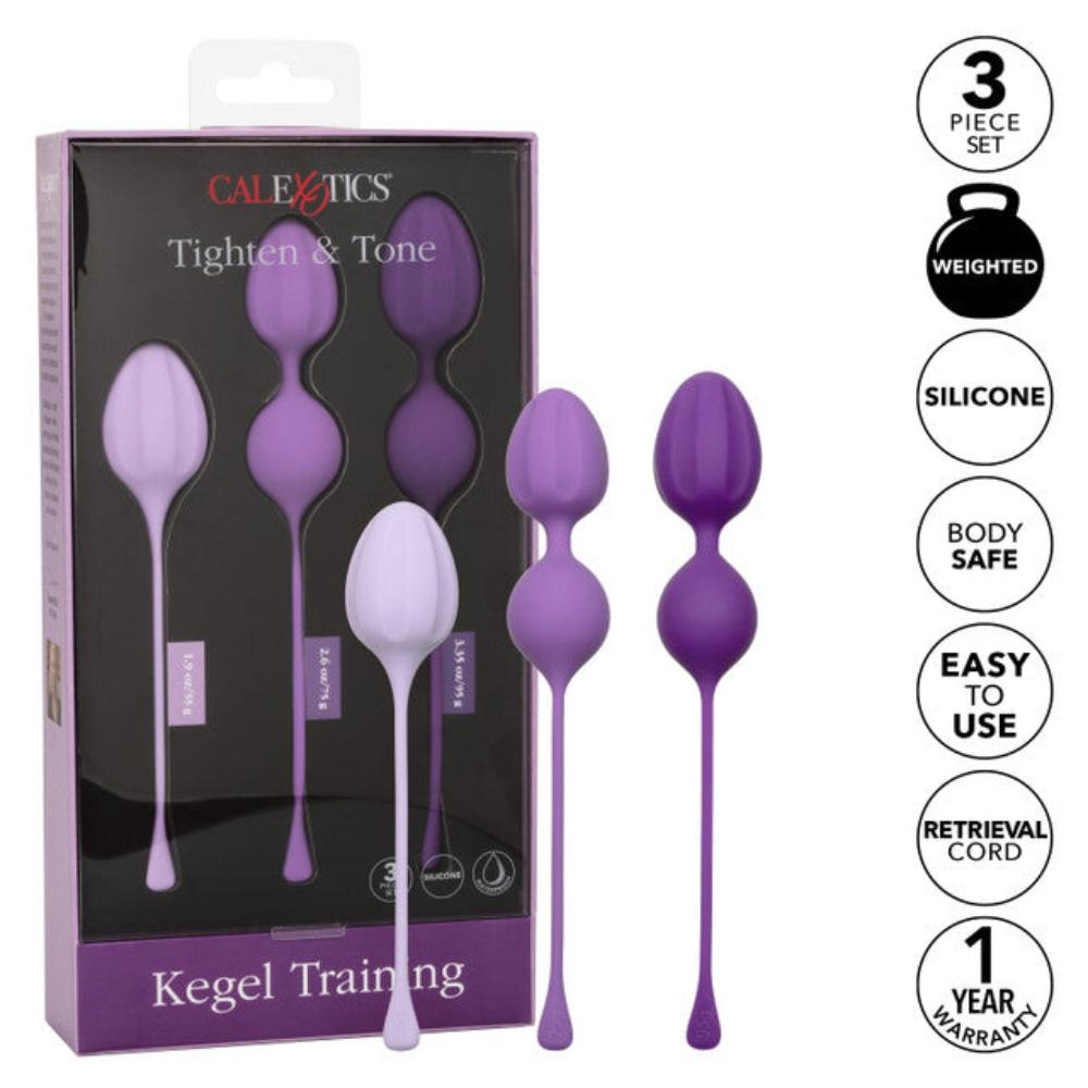 The Calexotics Kegel Weights - 3-Piece Set packaging contains three purple kegel exercisers made from body-safe silicone, designed to strengthen pelvic floor muscles. Each piece features a convenient retrieval cord and comes with a 1-year warranty for peace of mind.