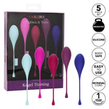 This box contains the Calexotics Kegel Weights - 5-Piece Set in vibrant colors, designed for pelvic floor strengthening. Made from body-safe silicone with a retrieval cord, the set offers user-friendly features and comes with a one-year warranty, ensuring enhanced sexual pleasure.