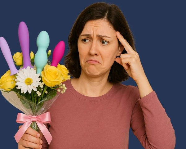 Colourful silicone vaginal dilators tucked among flowers, illustrating how to choose a starting size