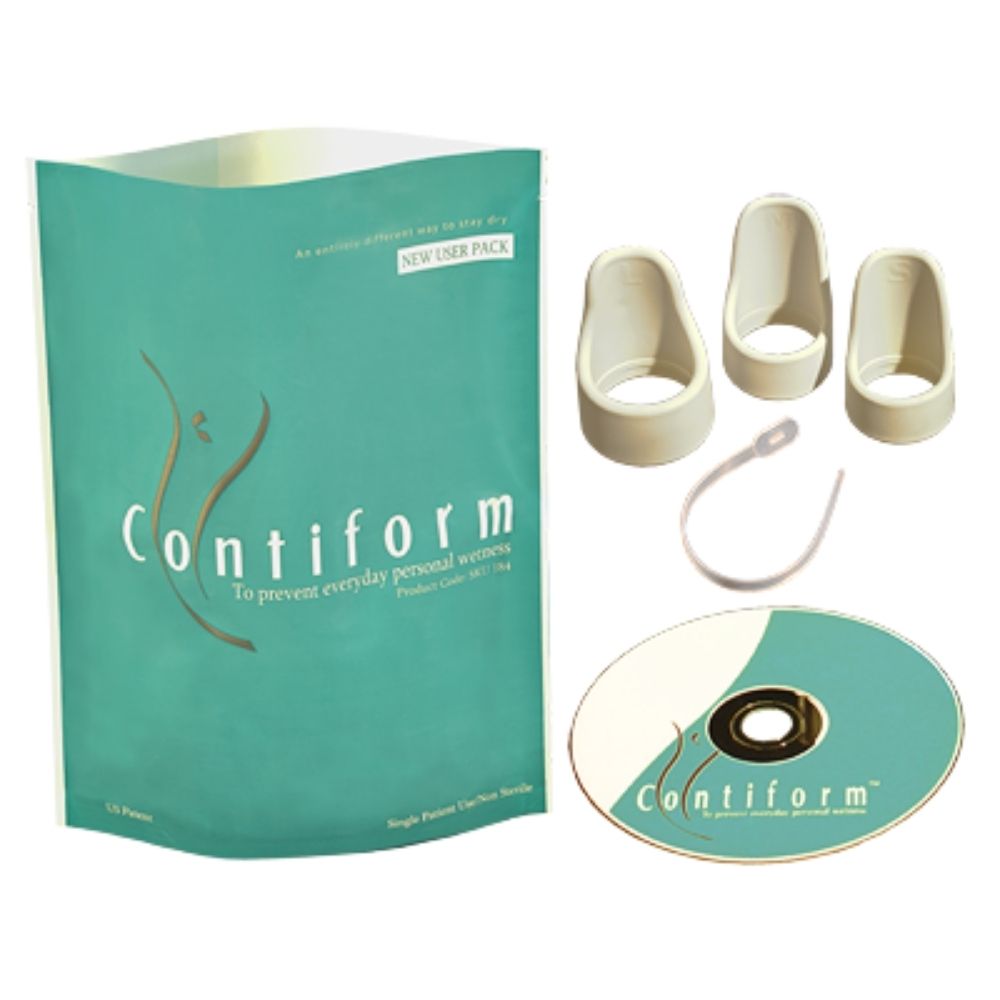 The Contiform Australia Reusable Pessary for Urinary Incontinence includes a teal package, three beige pessaries in different sizes, an insertion/removal tool, and an instructional CD—all from the Contiform brand.