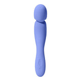 Introducing the Dame Com - External Wand Vibrator by Dame, a stylish device in blue with a smooth, rounded head and an ergonomically curved design. Its flexible neck enhances comfort, while the control button on the handle allows for effortless adjustment of its deep vibrations.