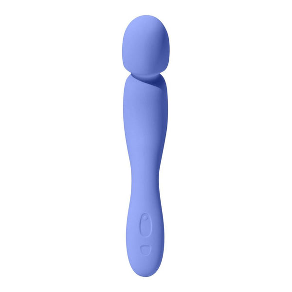 Introducing the Dame Com - External Wand Vibrator by Dame, a stylish device in blue with a smooth, rounded head and an ergonomically curved design. Its flexible neck enhances comfort, while the control button on the handle allows for effortless adjustment of its deep vibrations.
