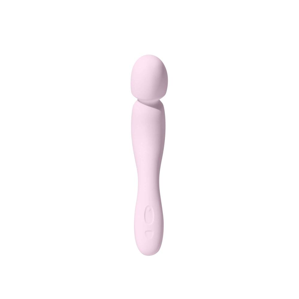 Introducing the Dame Com - External Wand Vibrator by Dame, a soft pink massager with a wand shape. It features a flexible neck and rumbly vibrations, complemented by a rounded head and smooth handle, specifically designed for personal relaxation and relief.