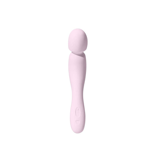 Introducing the Dame Com - External Wand Vibrator by Dame, a soft pink massager with a wand shape. It features a flexible neck and rumbly vibrations, complemented by a rounded head and smooth handle, specifically designed for personal relaxation and relief.