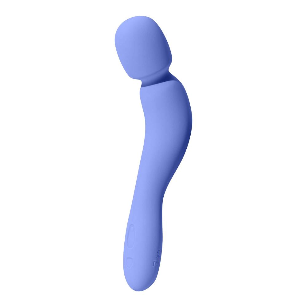The Dame Com by Dame is an external wand vibrator in blue, featuring a rounded head and flexible neck that delivers rumbly vibrations with a smooth finish.