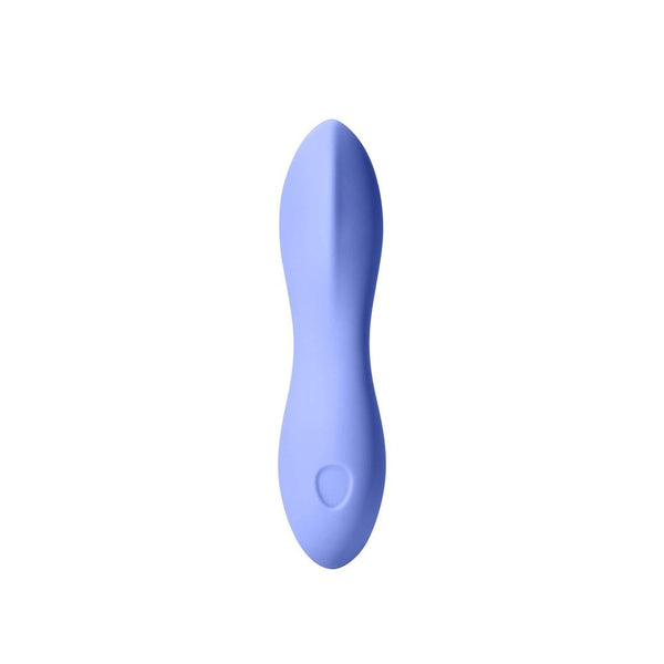 The Dame Dip 2.0 Basic Vibrator by Dame, crafted from medical-grade silicone in a blue teardrop shape and featuring a small circular indentation near one end, exudes the appearance of a personal care or massage device potentially offering clitoral stimulation. It's set against a white background.