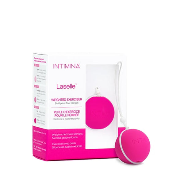 A white and pink box labeled "Intimina Laselle Kegel Exercisers" is shown beside a pink, round silicone kegel exerciser ball with a white string, designed by Intimina for strengthening pelvic floor muscles.