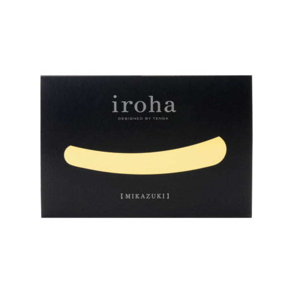 A black box labeled "iroha" features a yellow curved cutout and "[MIKAZUKI]" below, hinting at the Iroha Mikazuki – a gentle, slim vibrator for beginners crafted from body-safe silicone.