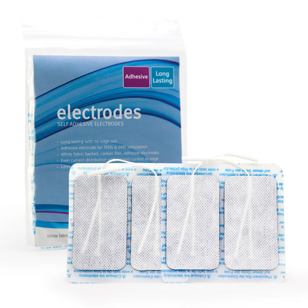 The AllCare Electrodes package stands upright, labeled "Adhesive Long Lasting," with MultiStick Gel self-adhesive TENS and EMS electrodes displayed in front, showcasing their adhesive side.